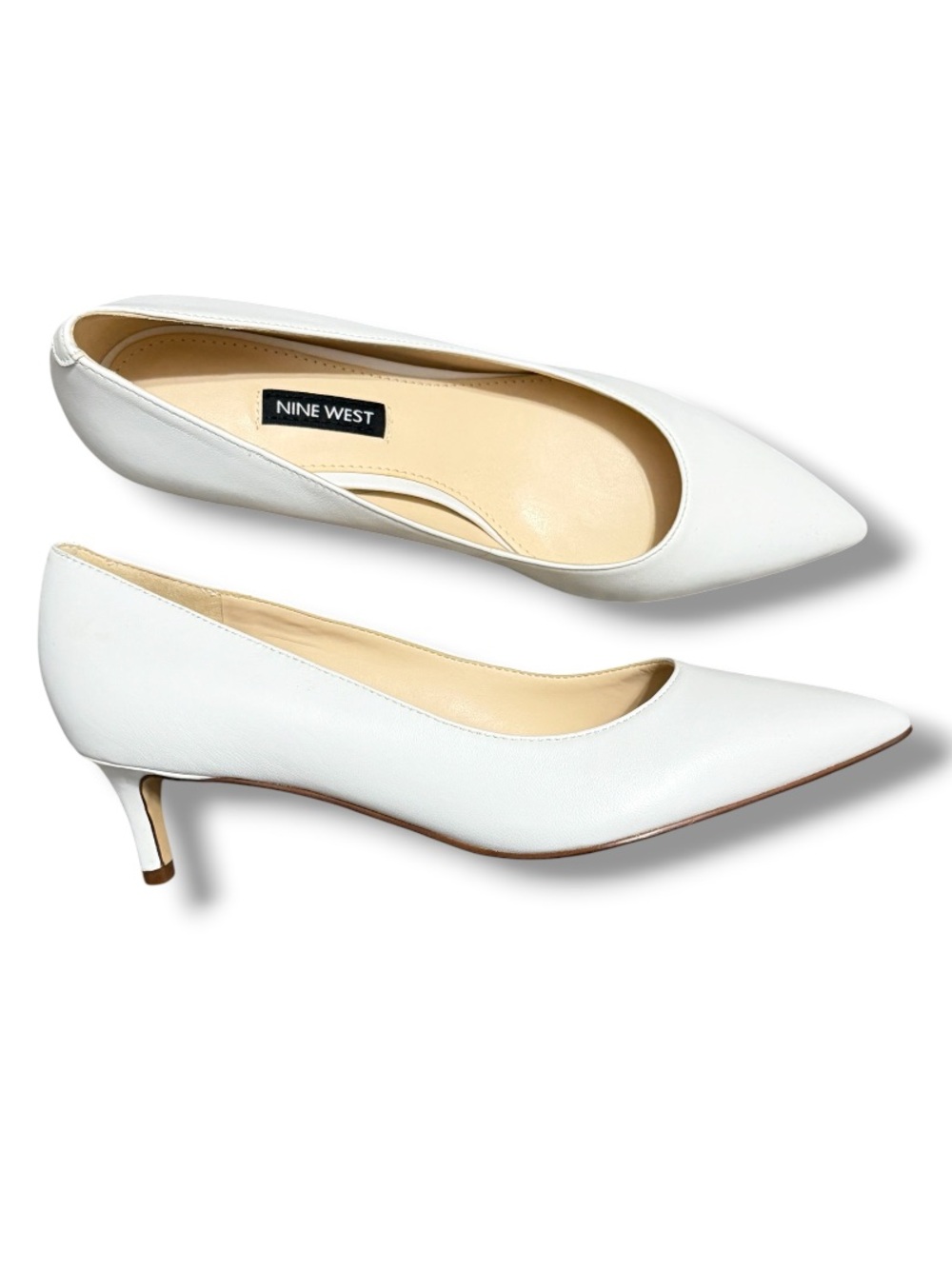 Nine West Women’s White Pointed Toe Kitten Heel Pumps Leather Upper NEW